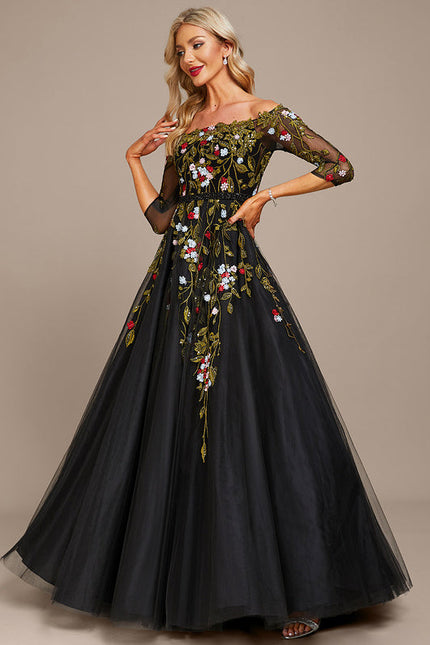 Robe De Soirée Florale Élégante Noire - gallery 4