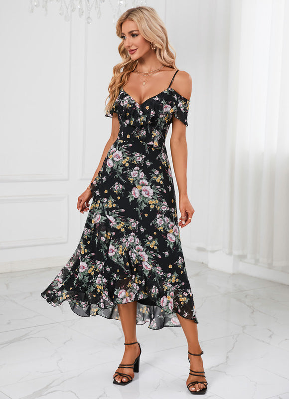 Robe Florale Chic Décolleté Épaule Nue - gallery 5