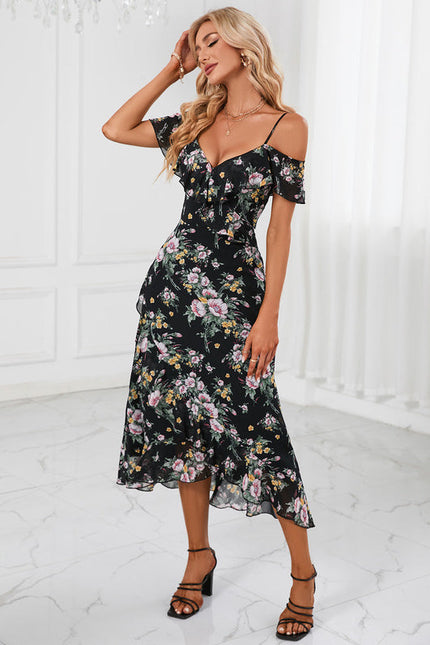 Robe Florale Chic Décolleté Épaule Nue - gallery 4