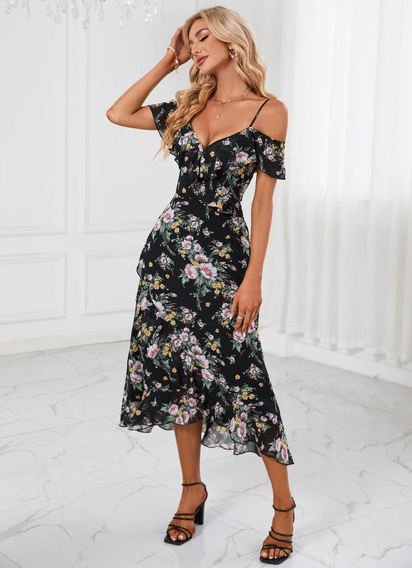 Robe Florale Chic Décolleté Épaule Nue - gallery 4