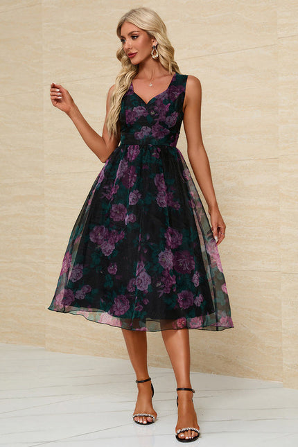 Robe Midi Fleurie Chic Noire - gallery 1