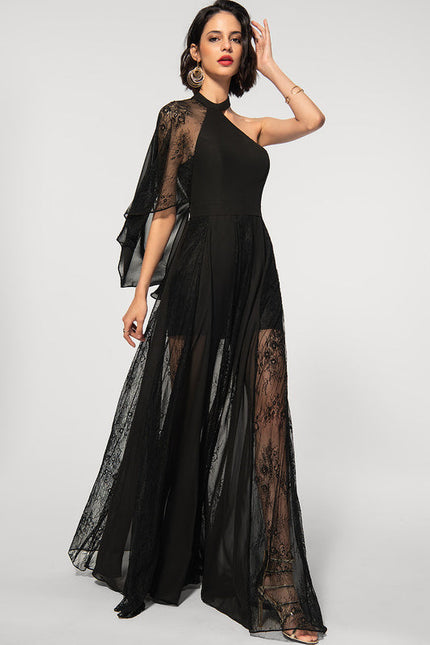 Robe Noire Asymétrique En Mousseline - gallery 1