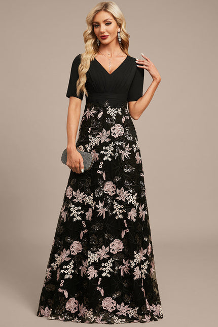 Robe Trapèze Florale Élégante Noire - gallery 4