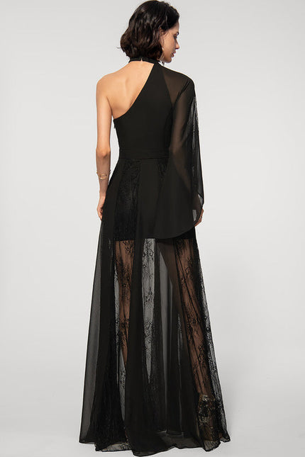 Robe Noire Asymétrique En Mousseline - gallery 3