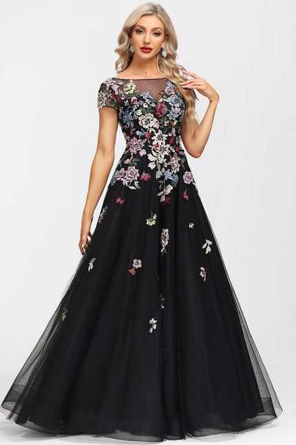 Robe De Soirée Florale Élégante Noire-300
