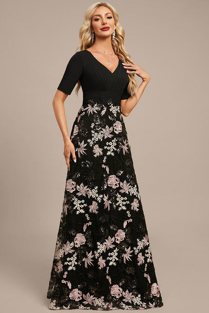 Robe Trapèze Florale Élégante Noire - gallery 6