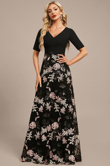 Robe Trapèze Florale Élégante Noire - gallery 3