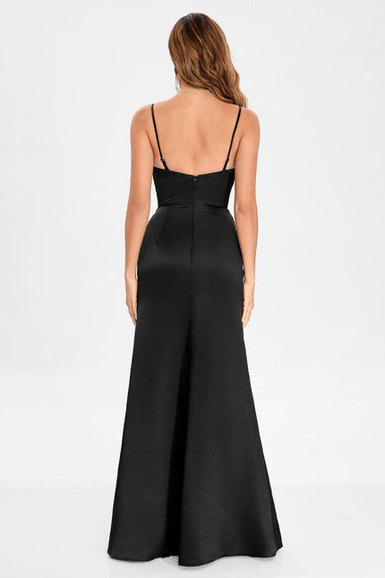 Robe Noire Satinée Fendue - gallery 1