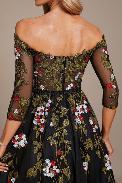 Robe De Soirée Florale Élégante Noire - gallery 1