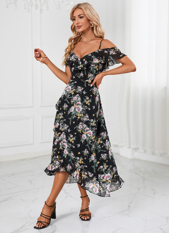 Robe Florale Chic Décolleté Épaule Nue - gallery 3