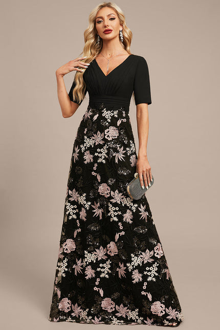 Robe Trapèze Florale Élégante Noire - gallery 2