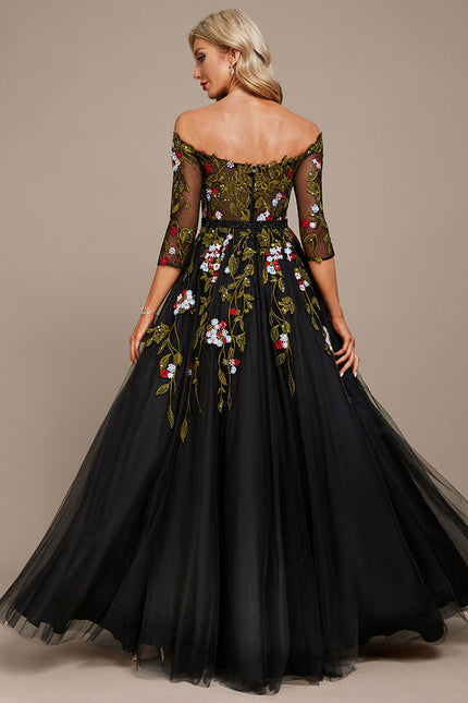 Robe De Soirée Florale Élégante Noire - gallery 6