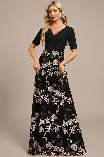Robe Trapèze Florale Élégante Noire - gallery 5