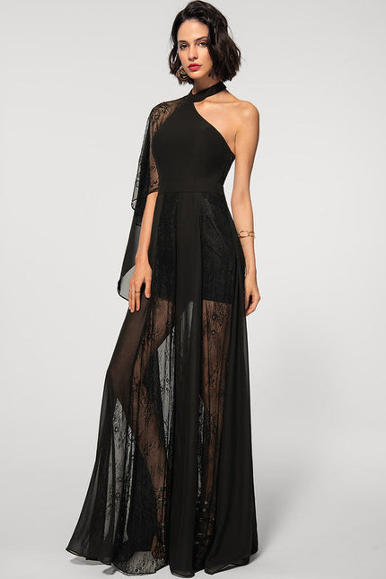 Robe Noire Asymétrique En Mousseline - gallery 2