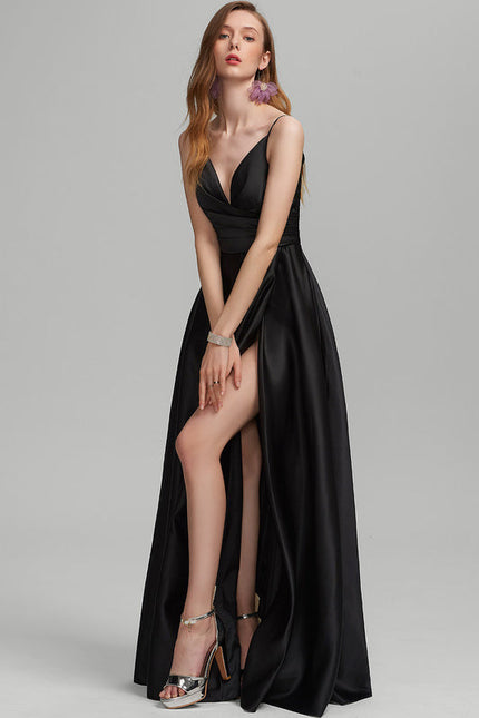 Robe Noire Luxe Satinée Fendue - gallery 4