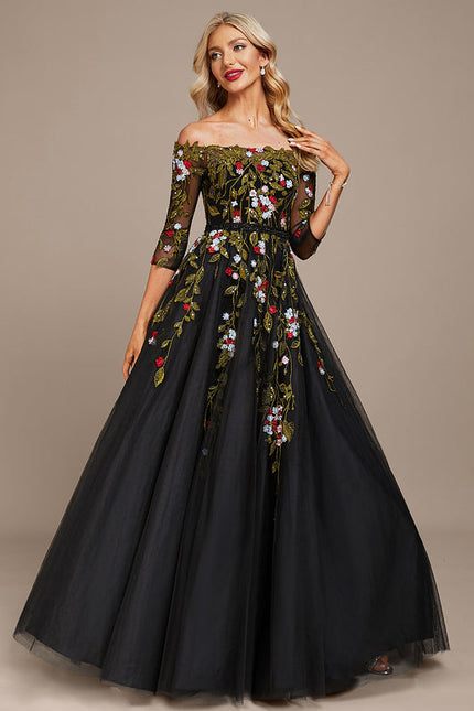 Robe De Soirée Florale Élégante Noire - gallery 5