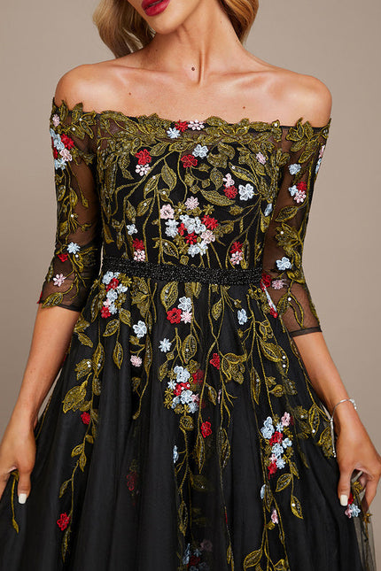 Robe De Soirée Florale Élégante Noire - gallery 3