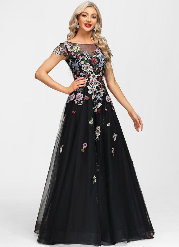 Robe De Soirée Florale Élégante Noire-300 - gallery 1