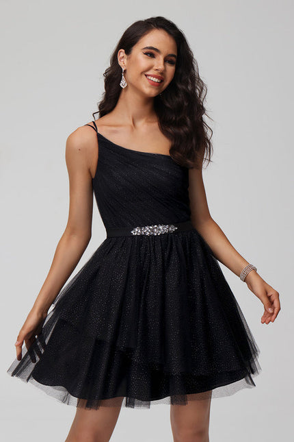 Robe Noire Asymétrique À Strass - gallery 7