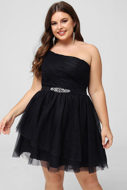 Robe Noire Asymétrique À Strass - gallery 8