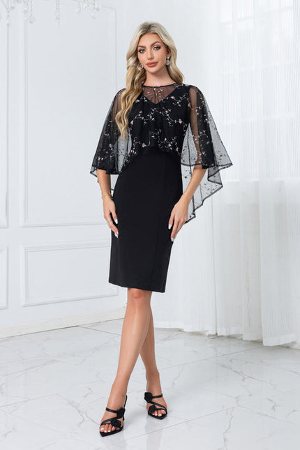 Robe Noire Broderie Élégante À Manches. - gallery 4