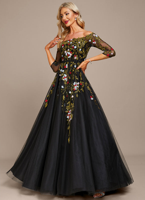 Robe De Soirée Florale Élégante Noire - gallery 4