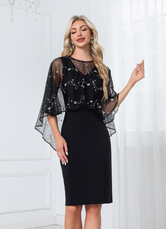 Robe Noire Broderie Élégante À Manches. - gallery 2