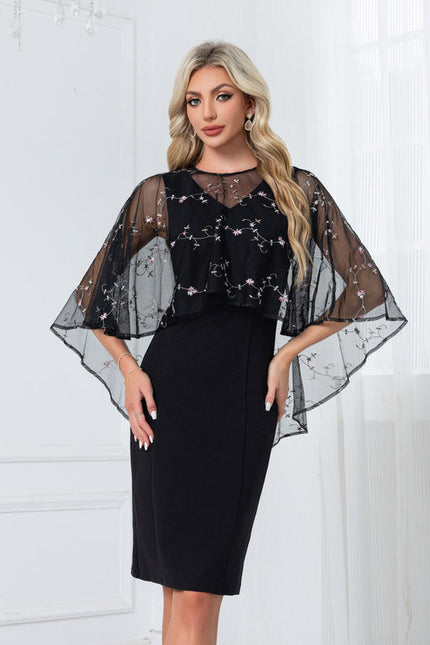 Robe Noire Broderie Élégante À Manches. - gallery 6