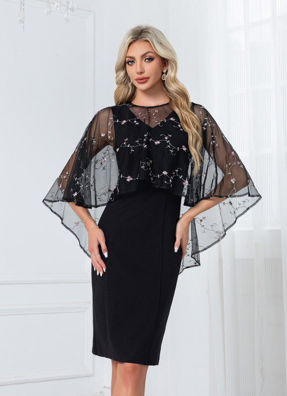 Robe Noire Broderie Élégante À Manches. - gallery 6