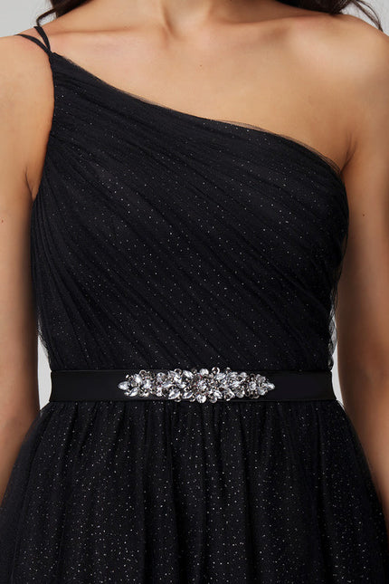 Robe Noire Asymétrique À Strass - gallery 2