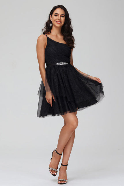 Robe Noire Asymétrique À Strass - gallery 4