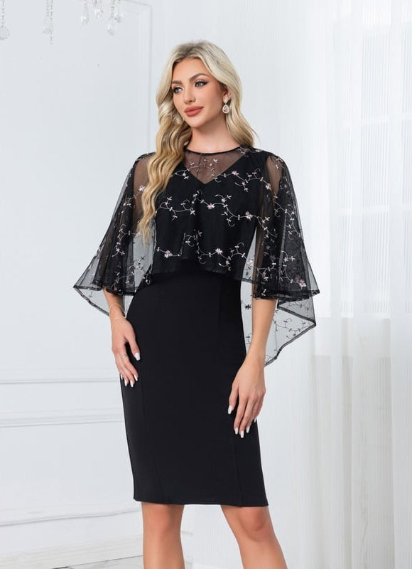 Robe Noire Broderie Élégante À Manches.