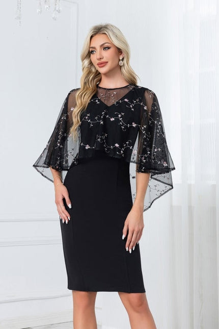 Robe Noire Broderie Élégante À Manches.