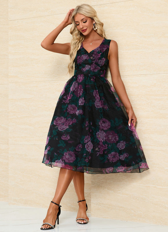 Robe Midi Fleurie Chic Noire