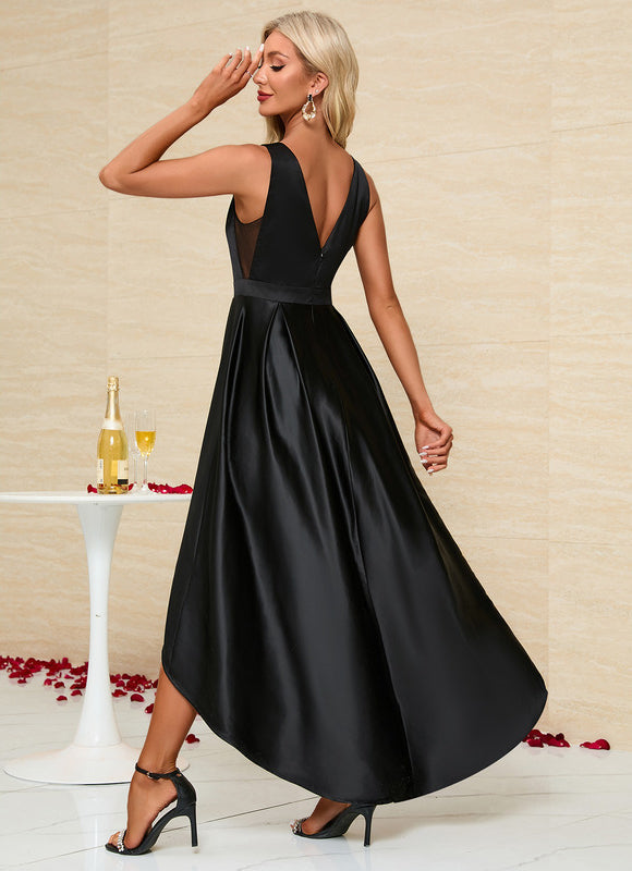 Robe Noire Luxe Satinée À Fente - gallery 1