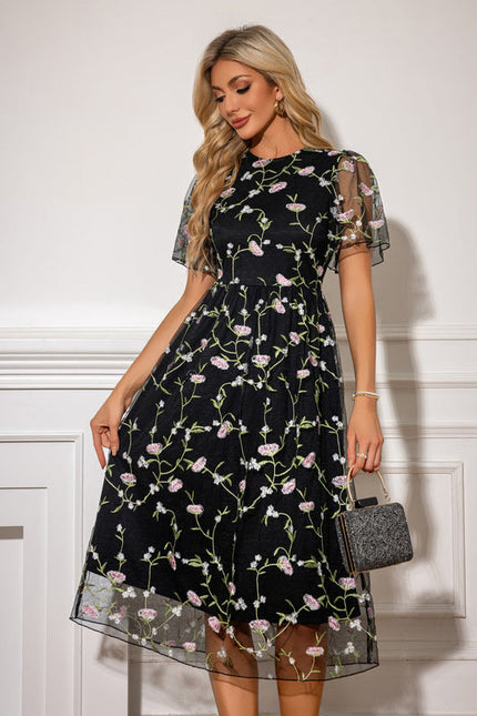 Robe Midi Florale En Tulle Noir - gallery 5