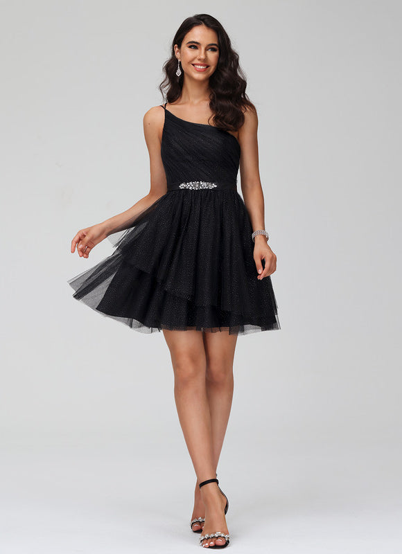 Robe Noire Asymétrique À Strass - gallery 5