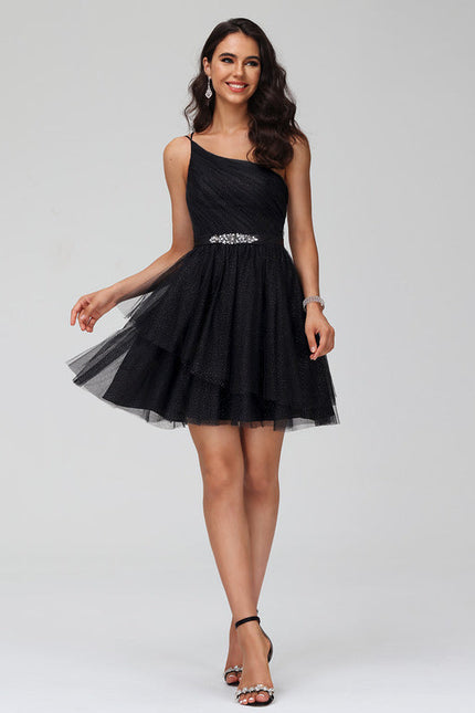 Robe Noire Asymétrique À Strass - gallery 5