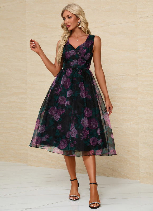 Robe Midi Fleurie Chic Noire - gallery 1