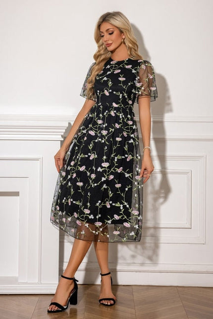 Robe Midi Florale En Tulle Noir