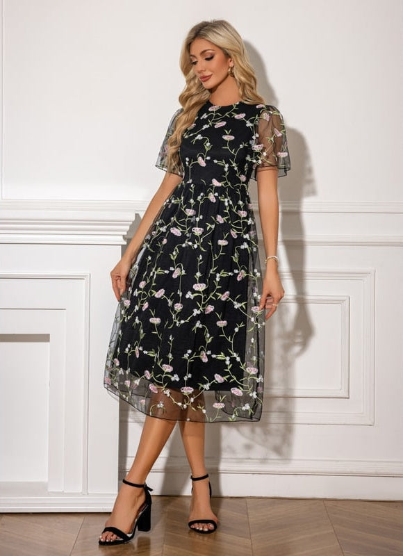 Robe Midi Florale En Tulle Noir