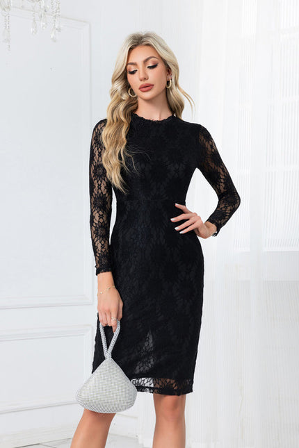 Robe Noire Dentelle Élégante Midi - gallery 5