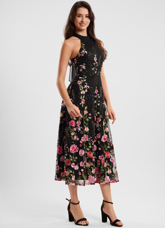 Robe Trapèze Florale Noire - gallery 2