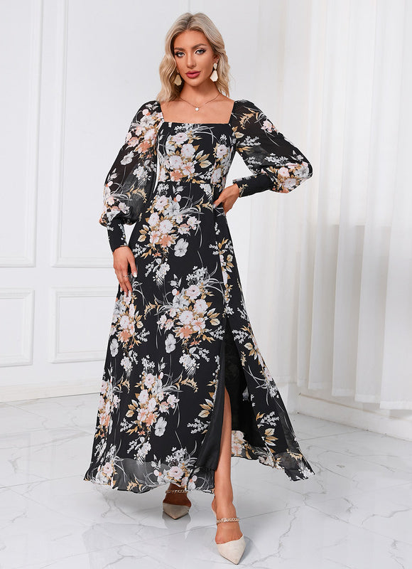 Robe Longue Fleurie Chic Noire - gallery 1