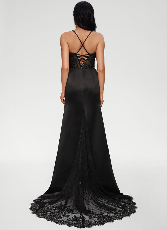 Robe Noire Satinée Fendue Élégante - gallery 3