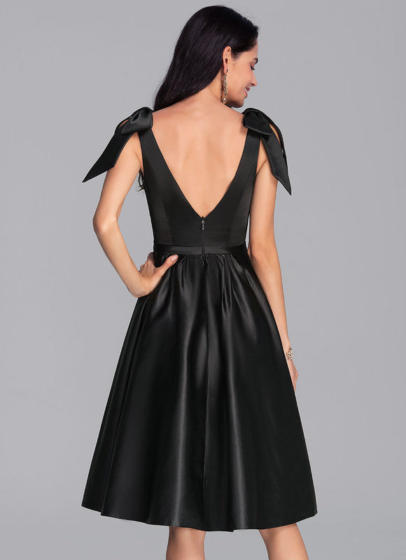 Robe Noire Luxe Satinée À Nœuds - gallery 1