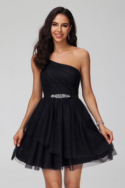 Robe Noire Asymétrique À Strass - gallery 1