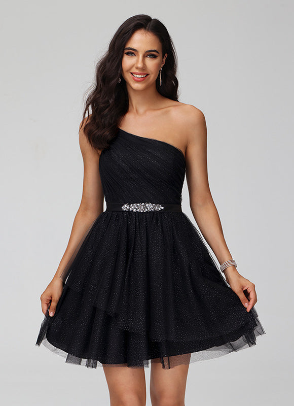 Robe Noire Asymétrique À Strass - gallery 1