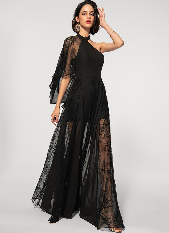 Robe Noire Asymétrique En Mousseline - gallery 1