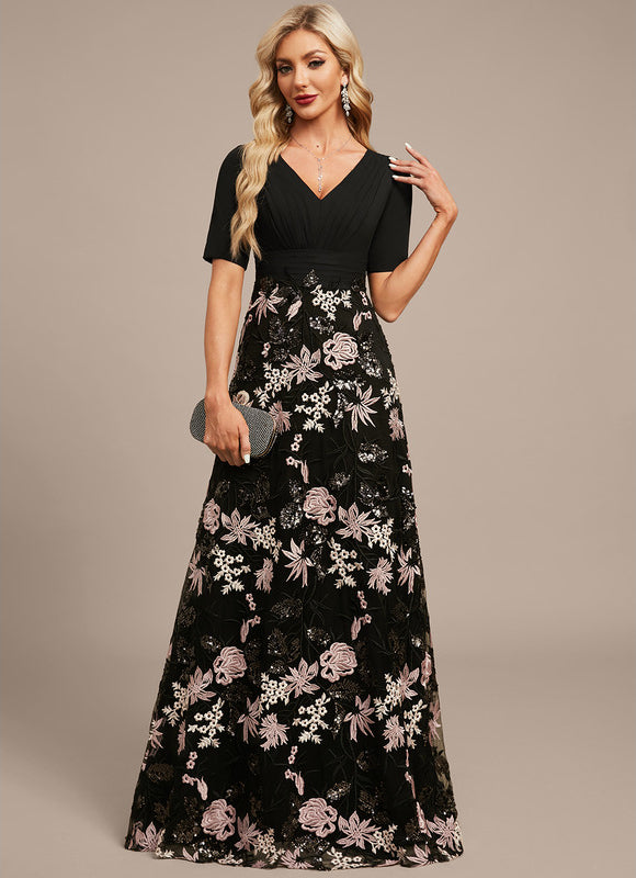 Robe Trapèze Florale Élégante Noire - gallery 4